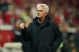 Mourinho clenches his fist in celebration after his Roma side beat Leverkusen in the Europa League semifinal
