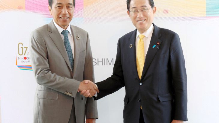 Indonesia's President Joko Widodo holds a bilateral meeting with Japan's Prime Minister Fumio Kishida on the sideline of the G7 leaders' summit in Hiroshima, western Japan