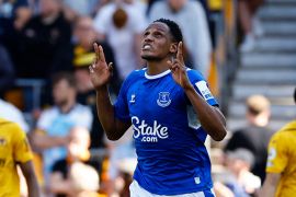 Everton&#39;s Yerry Mina celebrates scoring against Wolves on May 20 [Andrew Boyers/ Action Images via Reuters]