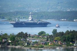 A view of the U.S. aircraft carrier USS Gerald R. Ford in the Oslo Fjord, seen from Ekebergskrenten, Norway, May 24, 2023. Javad Parsa/NTB/via REUTERS ATTENTION EDITORS - THIS IMAGE WAS PROVIDED BY A THIRD PARTY. NORWAY OUT. NO COMMERCIAL OR EDITORIAL SALES IN NORWAY.