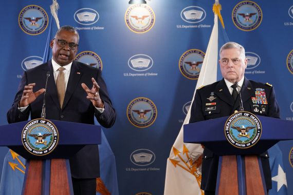 U.S. Defense Secretary Lloyd Austin and Chairman of the Joint Chiefs of Staff Gen. Mark Milley hold a joint press conference following an online meeting of the Ukraine Defense Contact Group at the Pentagon in Washington, U.S., May 25, 2023.  REUTERS/Kevin Lamarque