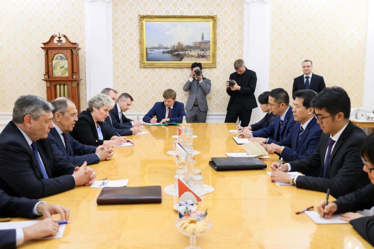 Members of the delegations, led by Russian Foreign Minister Sergei Lavrov and Chinese Special Envoy for Eurasian Affairs Li Hui, hold talks in Moscow, Russia, May 26, 2023.