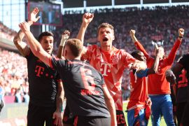 Bayern Munich&#39;s Thomas Mueller, centre, celebrates with teammates after winning the Bundesliga in Cologne [Thilo Schmuelgen/Reuters]