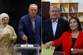 Erdogan and his wife, left, vote in Istanbul while Kilicdaroglu and his wife vote in Ankara (Reuters)