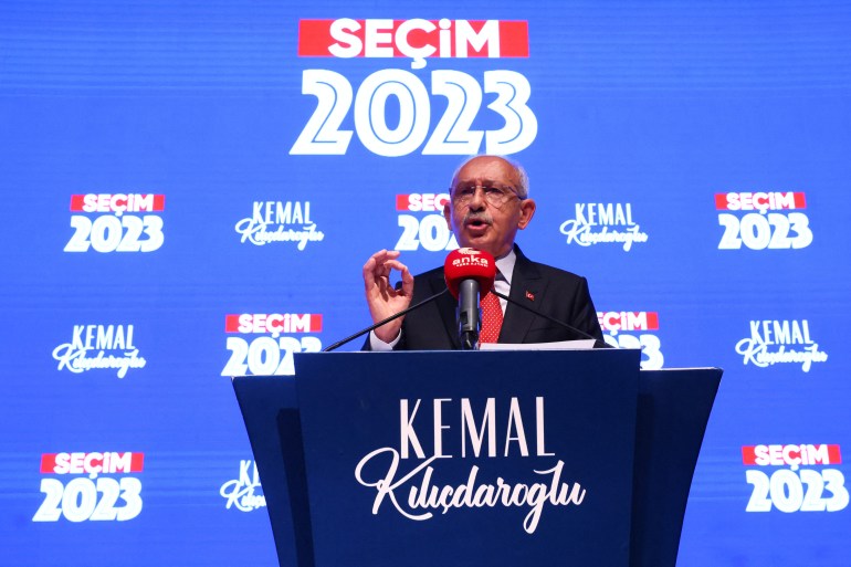 Kemal Kilicdaroglu, presidential candidate of Turkey's main opposition alliance, speaks to journalists