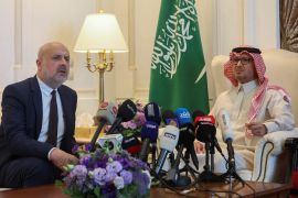 Saudi Ambassador to Lebanon Walid bin Abdullah Bukhari and Lebanon's caretaker Interior Minister Bassam Mawlawi attend a press conference at Saudi Arabia's embassy in Beirut, Lebanon May 30, 2023.