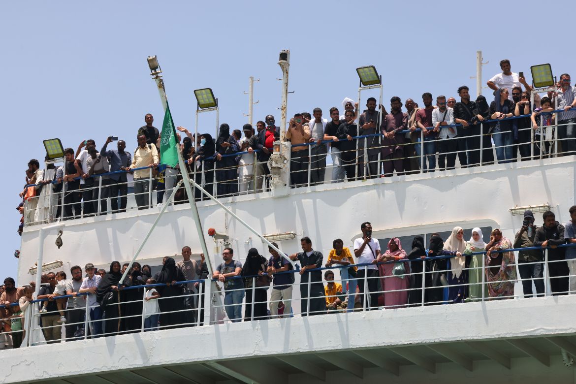 A ferry transports some 1900 evacuees across the Red Sea from Port Sudan to the Saudi King Faisal navy base in Jeddah, on April 29, 2023, during evacuation efforts of people fleeing Sudan