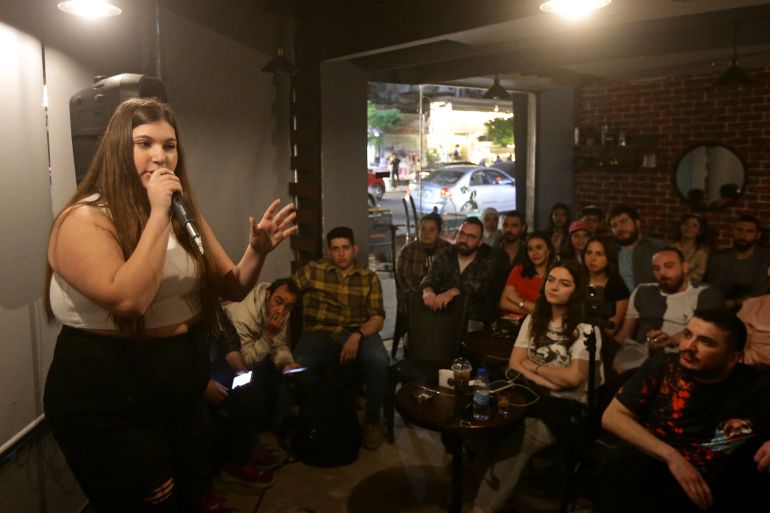 Mary Obaid performs during a comedy night titled "Styria" which is an Arabic mash-up of Syria and hysteria, in Damascus