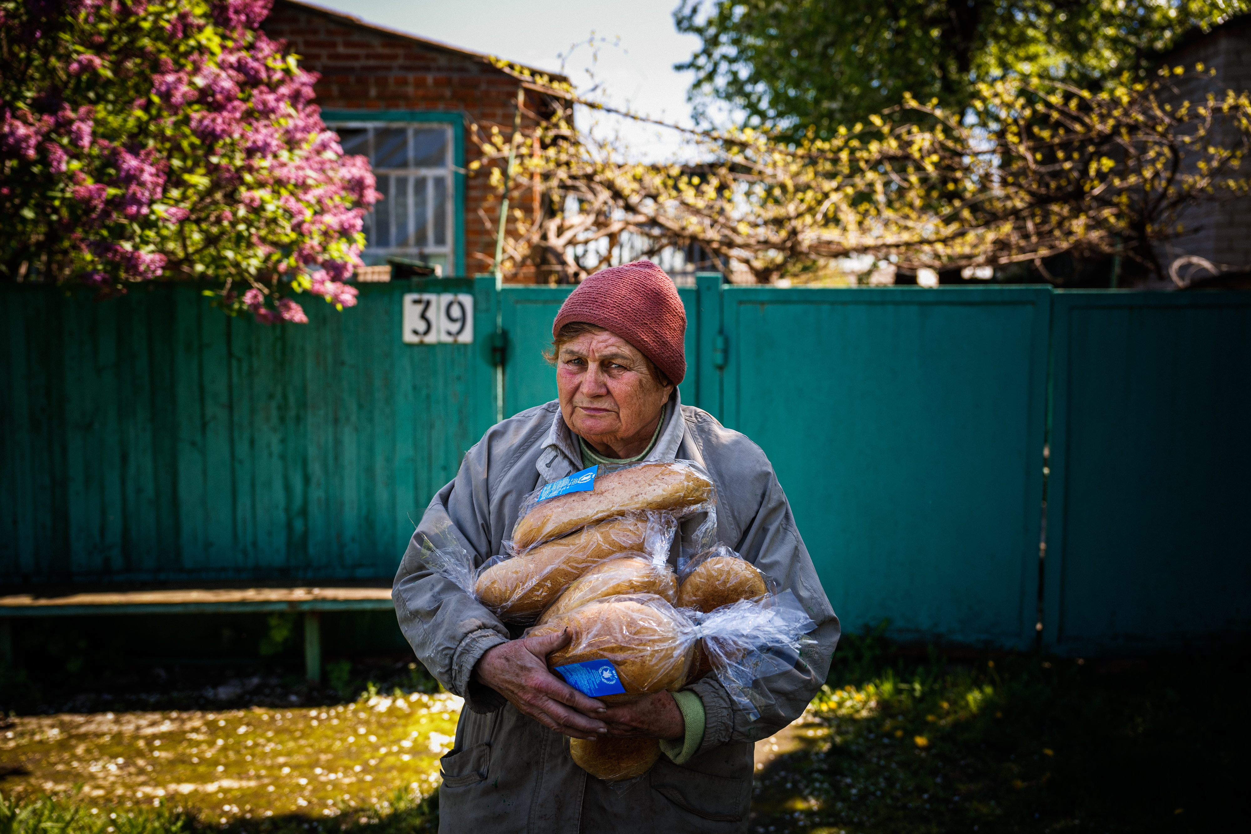 bags of bread at a distribution spot in Siversk, Donetsk region