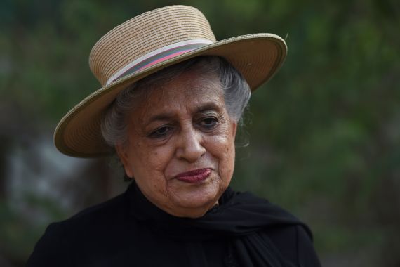 In this picture taken on May 4, 2023, architect Yasmeen Lari, the head of Heritage Foundation of Pakistan, speaks during an interview with AFP at her garden in Karachi.