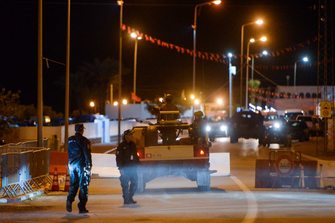 police secure an area near the Ghriba synagogue following a shootout on the resort island of Djerba.