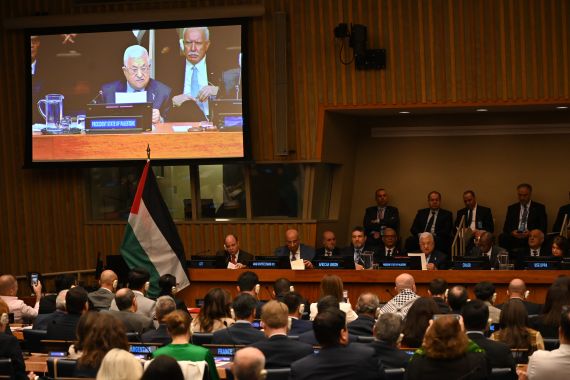 Palestinian Authority President Mahmud Abbas speaks during a high-level event to commemorate the 75th anniversary of the Nakba at the United Nations headquarters in New York on May 15, 2023. (Photo by Ed JONES / AFP)