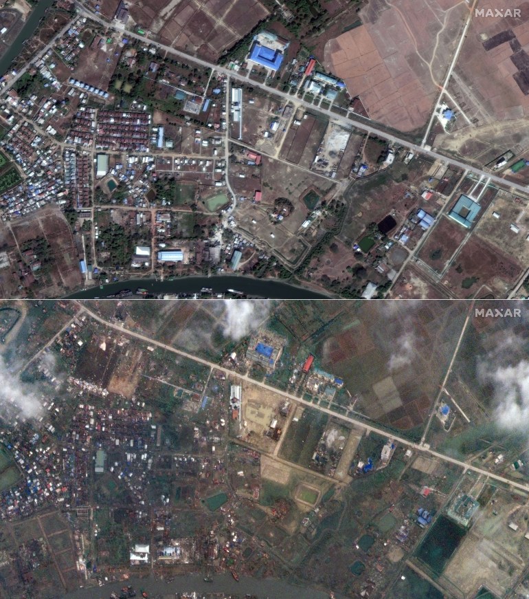 Before and after satellite imagery showing damage in Sittwe