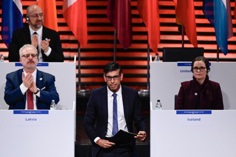 Britain's Prime Minister Rishi Sunak arrives to deliver his speech at the opening of the 4th Summit of the Heads of State and Government of the Council of Europe, at the Harpa concert hall in Reykjavik, Iceland on May 16, 2023