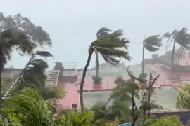 The top of a palm tree swept horizontal by the wind amid torrential rain as Typhoon Mawar hits Guam