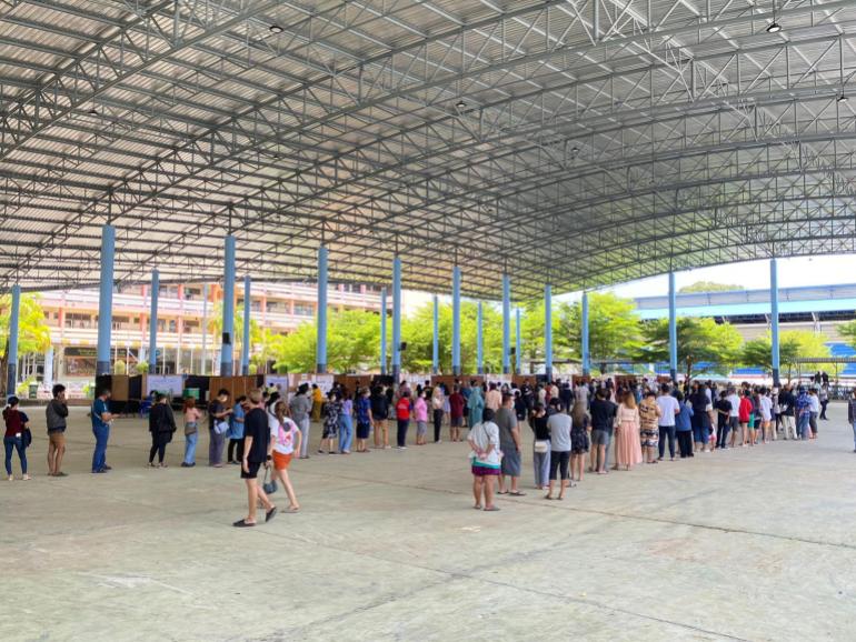 Voters queue to vote in Pattaya, Thailand, on May 14, 2023.