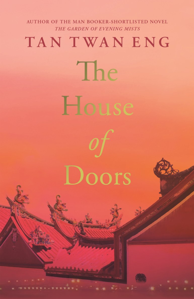 The cover of the House of Doors. It's an orangey red and has a silhouette of the roof of an ornate Chinese temple 