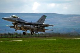 FILE - In this Thursday, April 10, 2014 file photo, a U.S-made F16 fighter jet takes off from an air base in Campia Turzii, Romania. The Slovak government on Wednesday, July 11, 2018 has approved a Defense Ministry plan to purchase 14 F-16 military jets from the United States. The fighter jets are meant to replace the obsolete Soviet-made MiG-29 jets that the Slovak air forces have used. (AP Photo/Vadim Ghirda, file)