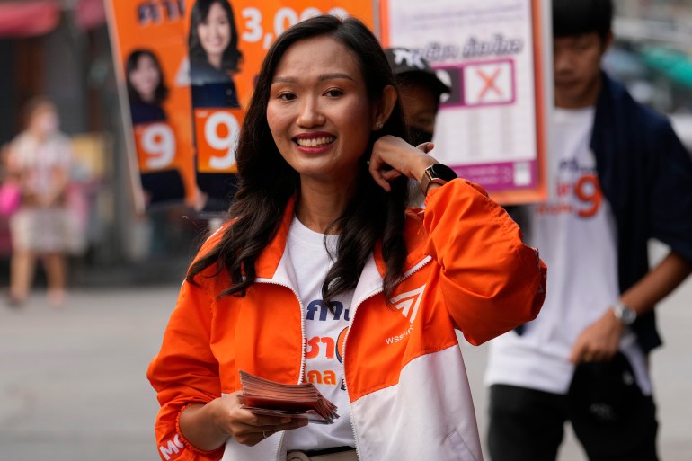 Chonthicha Jangrew campaigns in Pathum Thani province, north of Bangkok, Thailand, April 17, 2023.