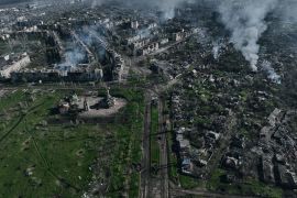 Smoke rises from buildings in this aerial view of Bakhmut, the site of the heaviest battles with the Russian troops in the Donetsk region, Ukraine