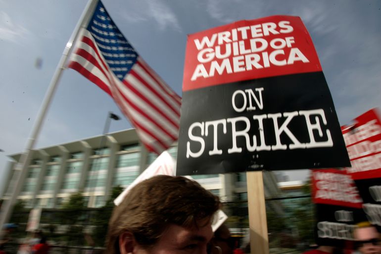 Writers Guild of America (WGA) writers and others strike against the Alliance of Motion Picture and Television Producers (AMPTP) in a rally at Fox Plaza in Los Angeles' Century City district on Nov. 9, 2007. Television and movie writers on Monday, May 1, 2023, d