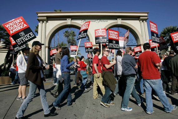 Striking writers walk the picket line outside Paramount Studios in Los Angeles on December 13, 2007