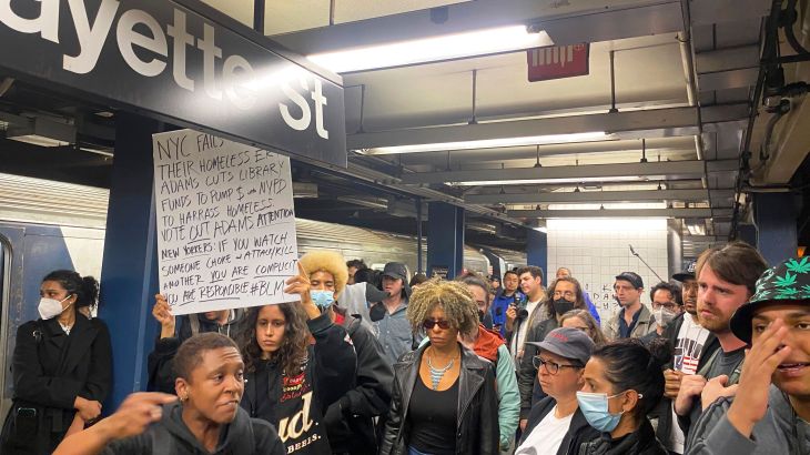 People gather in a New York subway station to protest the death of Jordan Neely on the platform