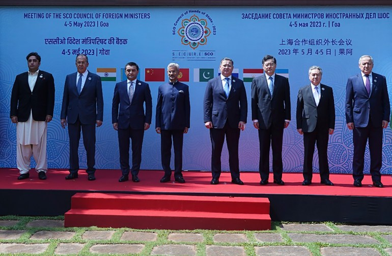 This photo released by Indian Foreign Ministry, shows from left, Pakistani Foreign Minister Bilawal Bhutto Zardari, Russian Foreign Minister Sergey Lavrov, Uzbekistani Foreign Minister Bakhtiyor Saidov, Indian Foreign Minister S. Jaishankar, Kazakhstan's Foreign Minister Murat Nurtleu, Chinese Foreign Minister Qin Gang, Kyrgyzstan's Foreign Minister Jeenbek Kulubaev, and Tajikistan's Foreign Minister Sirodjidin Aslov, pose for a group photograph prior to the Shanghai Cooperation Organization (SCO) council of foreign ministers' meeting, in Goa, India, Friday, May 5, 2023.