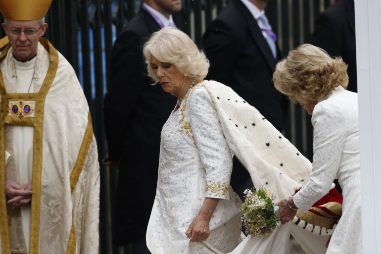 Britain's Camilla, Queen Consort arrives at Westminster Abbey for the coronation of King Charles III in London