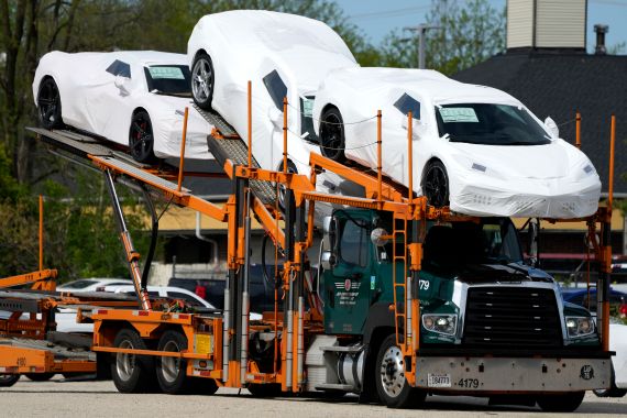 New Corvettes are delivered to a Chevrolet auto dealer in Wheeling, Illinois, US