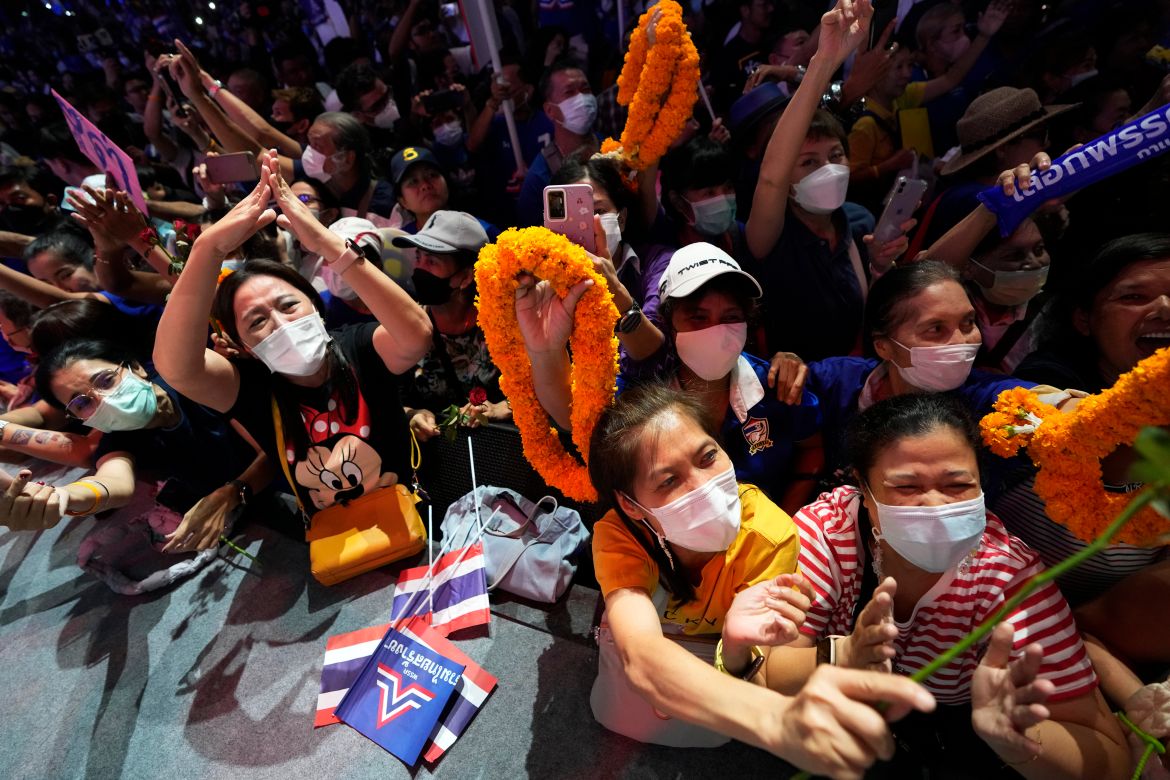 Supporters of Prayuth Chan-ocha cheer in the party's final election really. They have small Thai flags and garlands of marigolds
