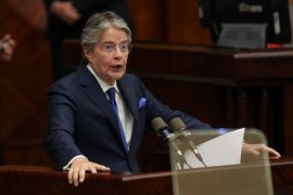 Ecuadorean President Guillermo Lasso addresses the National Assembly