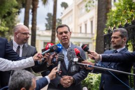 Leader of the main opposition Syriza party, Alexis Tsipras, speaks to the media after his meeting with Greek President Katerina Sakellaropoulou to receive the mandate to form a coalition government