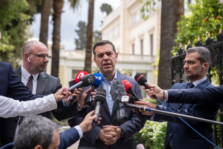 Leader of the main opposition Syriza party, Alexis Tsipras, speaks to the media after his meeting with Greek President Katerina Sakellaropoulou to receive the mandate to form a coalition government