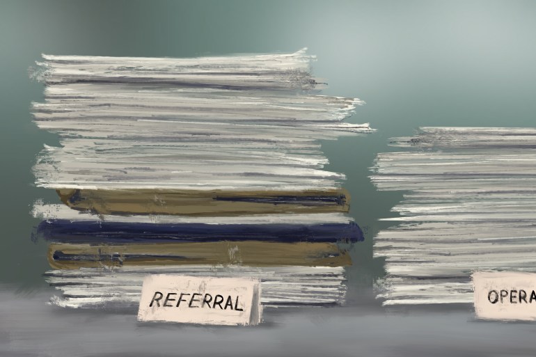 An illustration of a pile of papers with the label "referral" at the bottom.