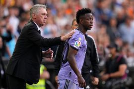 Carlo Ancelotti, Head Coach of Real Madrid, interacts with Vinicius Junior of Real Madrid during the LaLiga Santander match between Valencia CF and Real Madrid CF at Estadio Mestalla on May 21, 2023 in Valencia, Spain