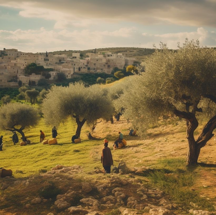Olive trees dot the landscape surrounding the Palestinian village of Bayt Nabala as villagers pick the olives