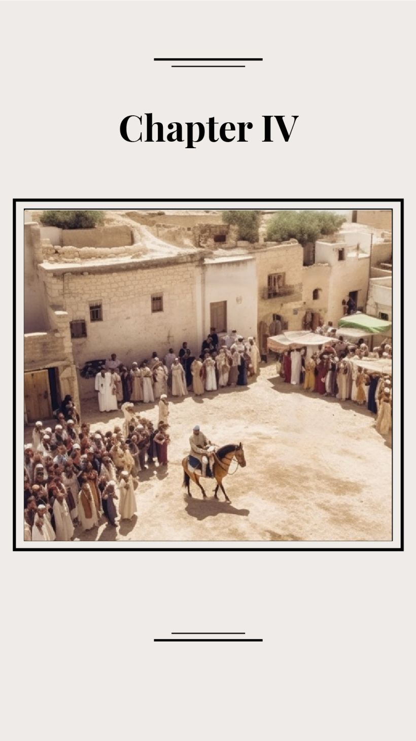 This AI generated image shows people gathered in the square of a Palestinian village. A man is on a horse close to the centre of the square while people line the square. The square is surrounded by simple cream stone houses