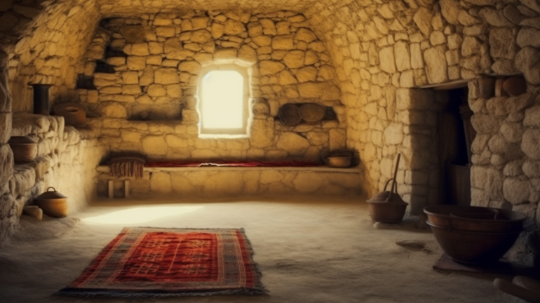 An AI rendering shows the inside of a typical home in the village of Bayt Nabala with exposed curved stone walls, a single window letting in sunlight and a stone floor with a patterned red rug