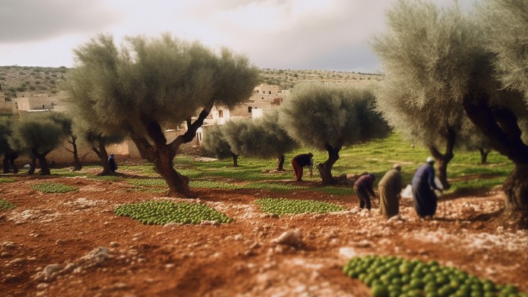 In this AI generated image people can be seen picking olives under some olive trees. In the distance there is a village comprised of cream stone buildings
