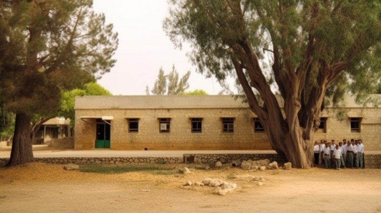 An AI rendering shows the flat roofed, single-storey cream stone building that served as the village school. In the foreground is a patch of ground. There are several trees on all sides of the school. A group of boys stand under a large tree at the front of the school