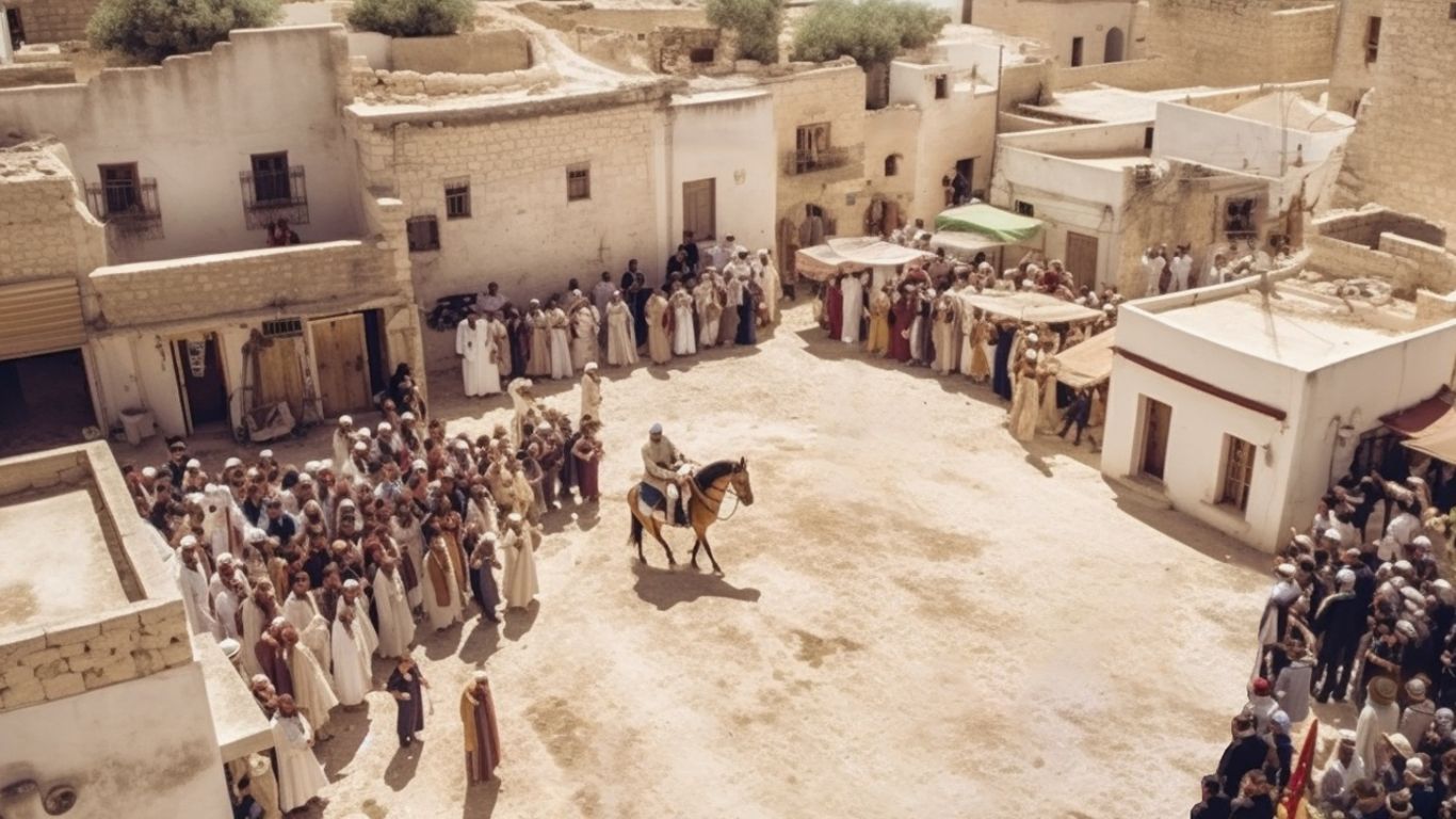 This AI generated image shows people gathered in the square of a Palestinian village. A man is on a horse close to the centre of the square while people line the square. The square is surrounded by simple cream stone houses