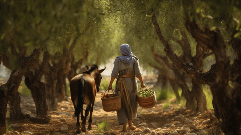 This AI rendering shows a woman walking through an olive grove carrying two baskets, one of which is full of olives. A donkey walks beside her