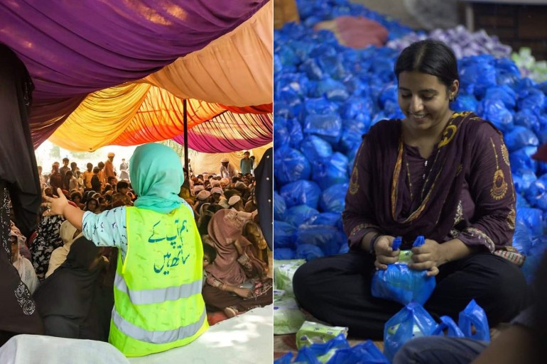 Left : Med school Students and young doctors volunteering with Mahwari Justice to give basic period health education and supplies to the flood affectees in Rajanpur, Punjab Right: Anum is packing period relief kits with volunteers from the transgender community in Multan