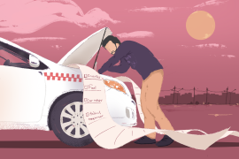 An illustration the hood of a car open with someone standing over it looking, checking or fixing it with a long receipt coming out from under the hood of the car.