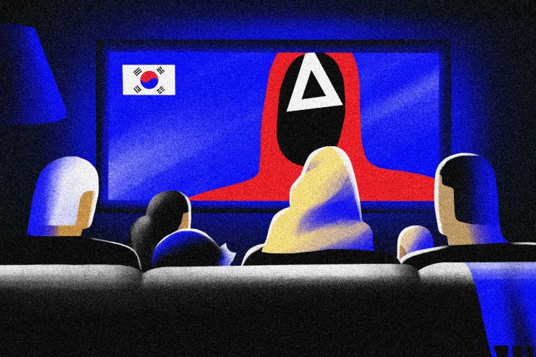 Big Question illustration showing figures of people silhouetted from the back as they watch a big screen with an illustration of a Squid Game character. There is a small South Korean flag in the upper left corner of the screen.