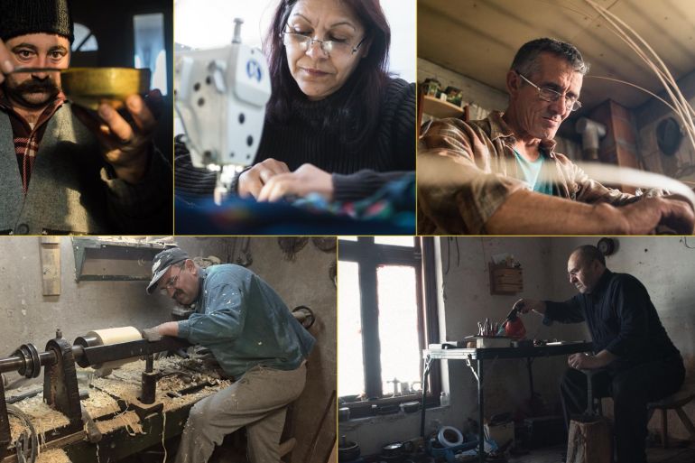 Picture collage showing Roma individuals working in different industries.