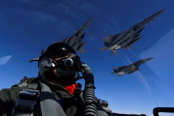 South Korean air force's F-15s, as pictured from the cockpit of a US military aircraft in July 2017