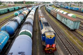 A view shows a freight train and cars in Kaliningrad, following Lithuania&#39;s ban of the transit of goods under EU sanctions through the Russian exclave on the Baltic Sea on June 21, 2022 [File: Reuters/Vitaly Nevar]
