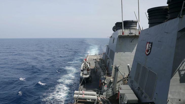 The Arleigh Burke-class guided-missile destroyer USS Milius conducts a Taiwan Strait transit operation at an undisclosed location in this handout picture released on April 17, 2023